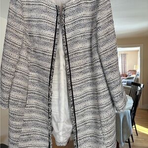 Textured Open-Front Tweed Coatigan in White and Navy